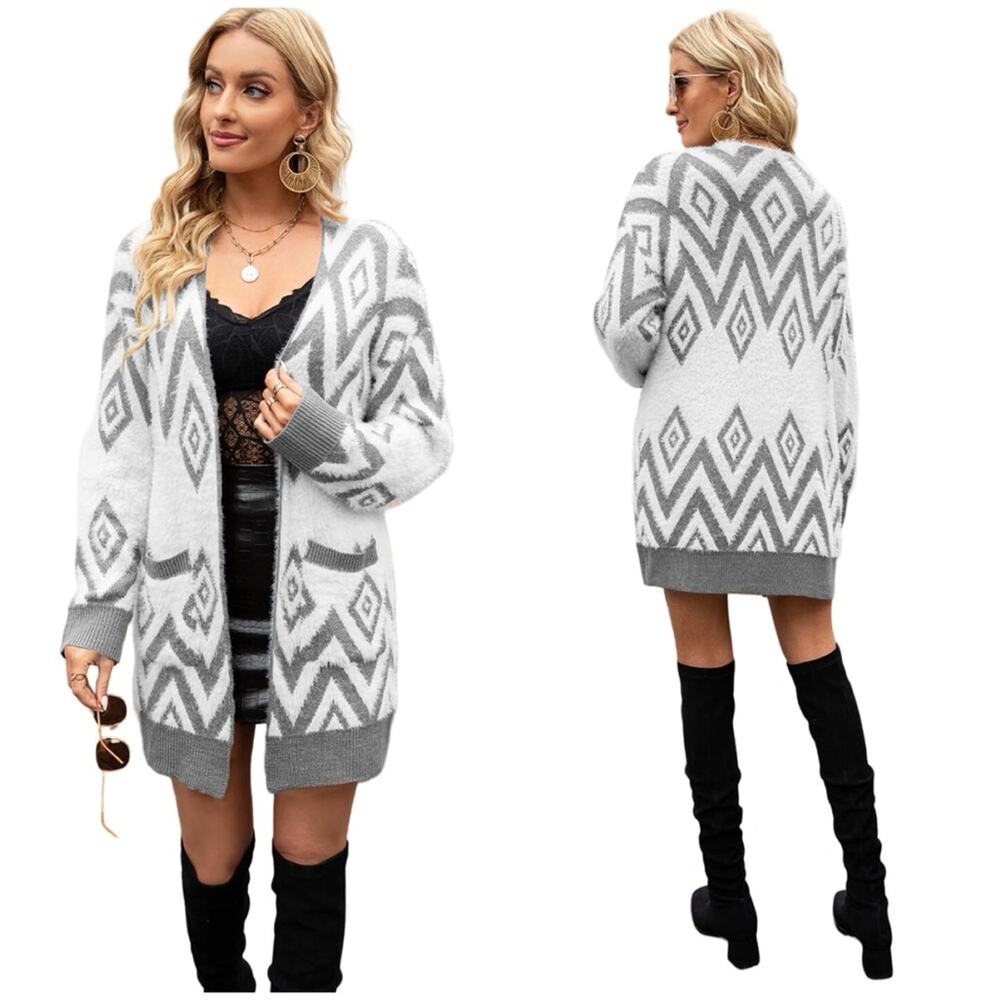 NWOT &Merci Cozy Mohair Grey and White Fuzzy Batik Print Cardigan  SZ L$69